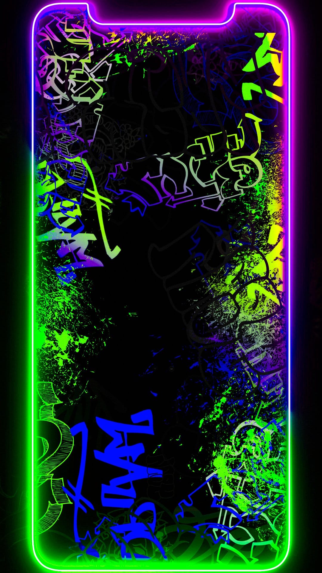 Neon purple and green graffiti tags with paint splatters glow against a dark black background.