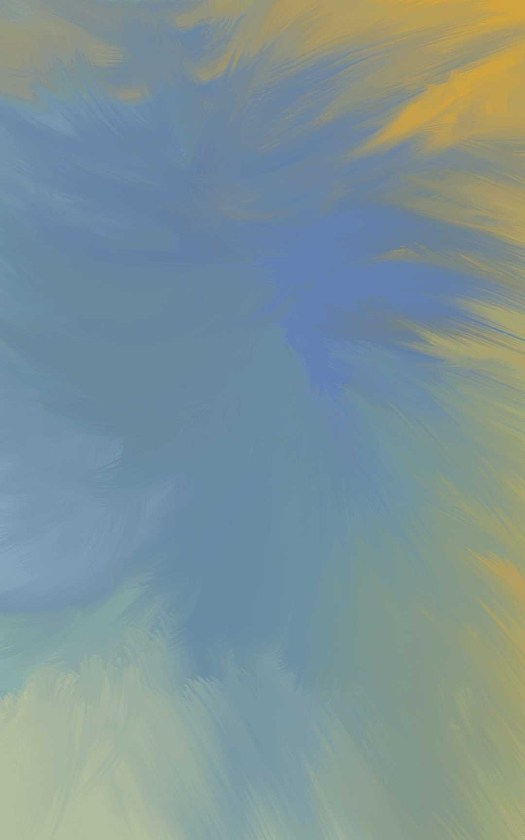 Blue and yellow oil paint brushstrokes sweep horizontally across the frame in a bright sky-like composition.