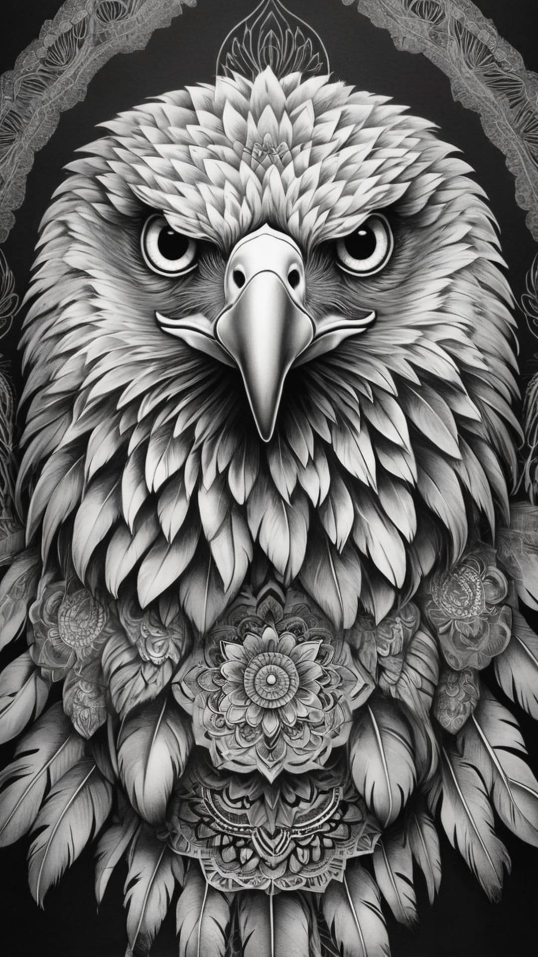 Eagle head with sharp eyes surrounded by symmetrical circular patterns and delicate feathers on a white background.