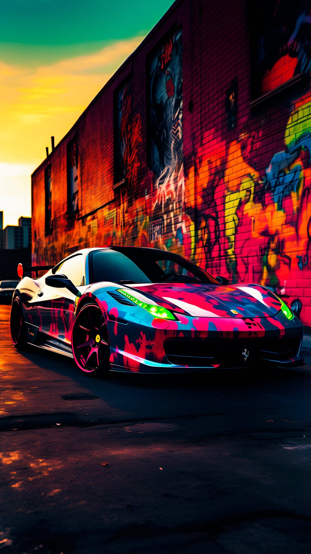 Ferrari supercar with a graffiti wrap parked by a brick wall with street art under a vibrant sunset sky background.