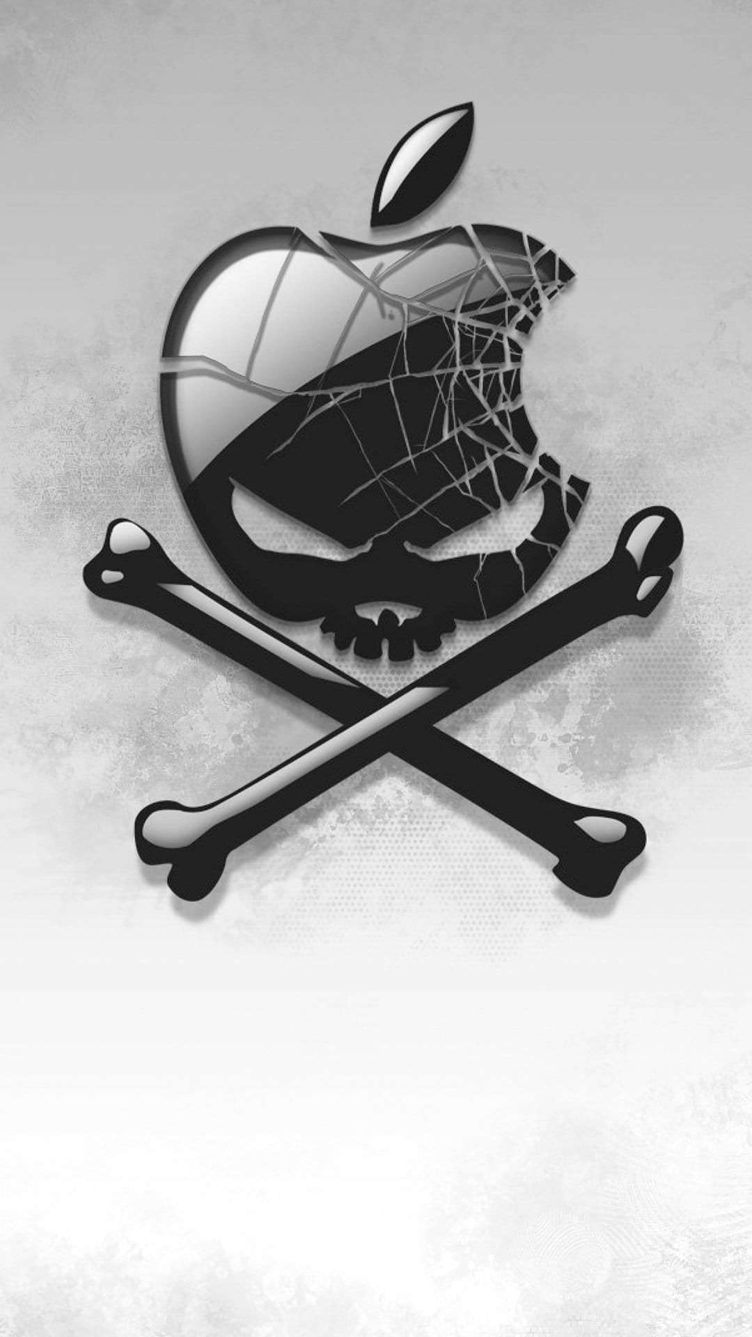 Shattered apple logo integrated with a skull and crossbones emblem against a dark, high-contrast background.