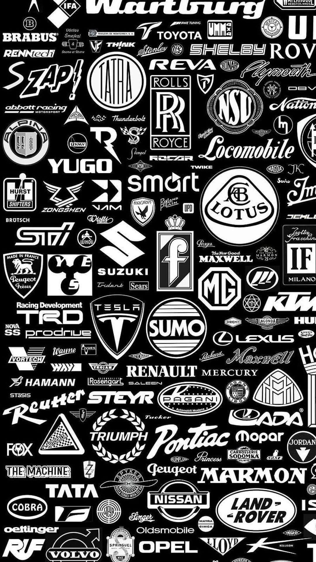 Automotive brand emblems and vintage car logos arranged in a dense vertical collage with metallic textures.