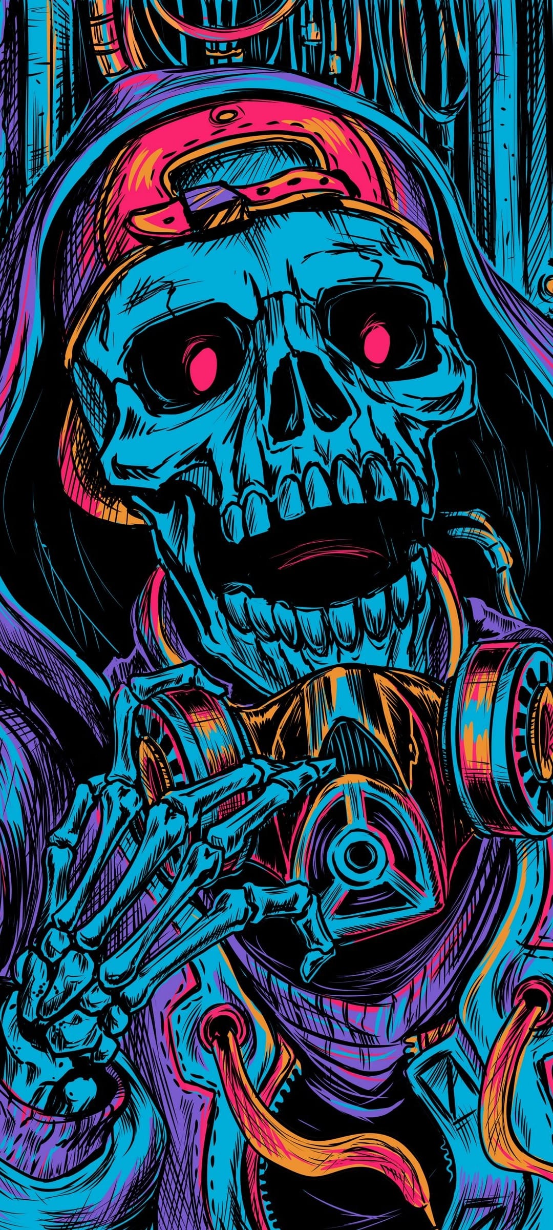 Skeleton in a gas mask and red cap glows with neon pink and cyan light against a dark vertical background.