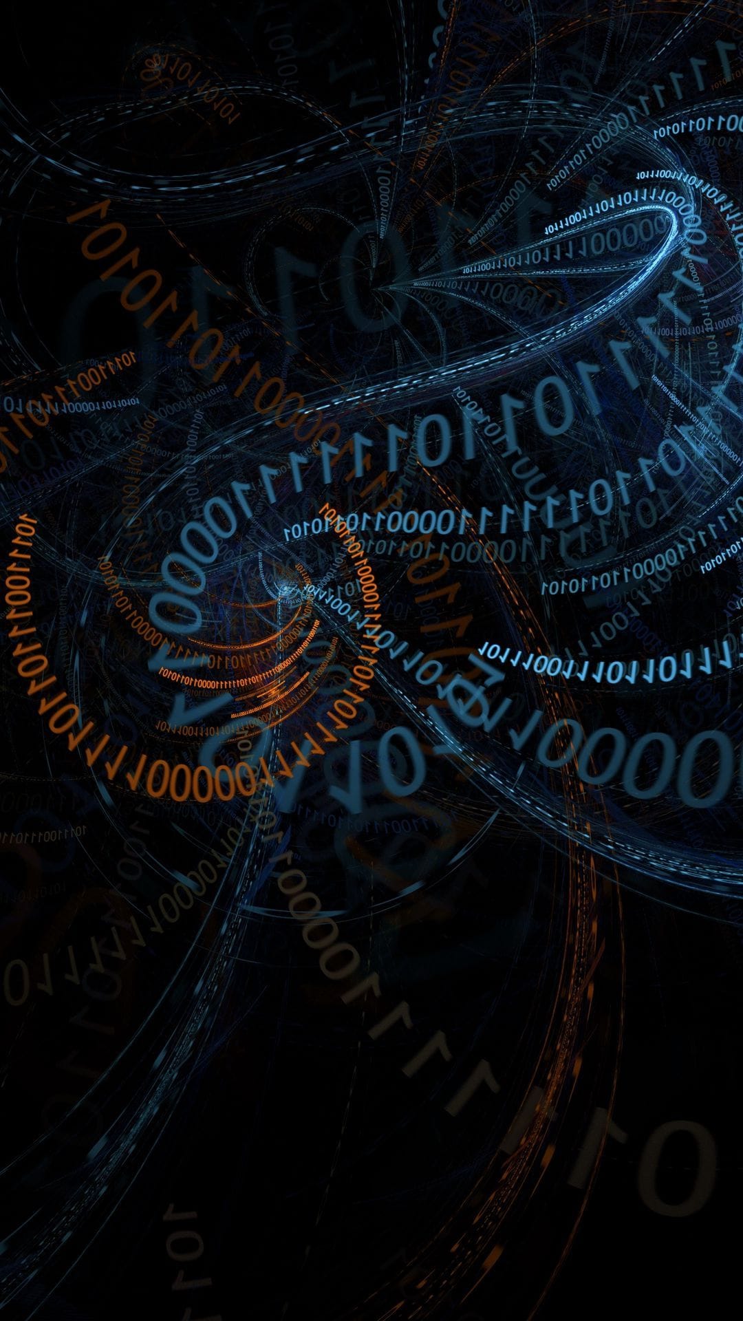 Luminous orange and blue zeros and ones spiraling in a dark digital void for a vertical screen layout.