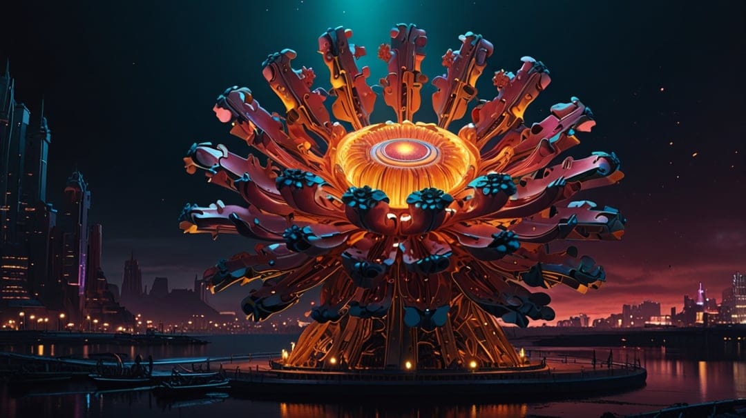 Glowing orange flower sculpture with pink petals stands before a dark city skyline and harbor at twilight.