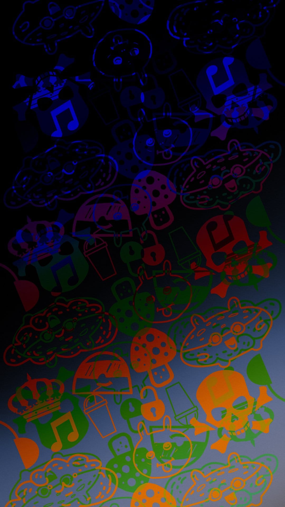 Neon skull, crown, and mushroom icons glow with vibrant light against a dark gradient background.