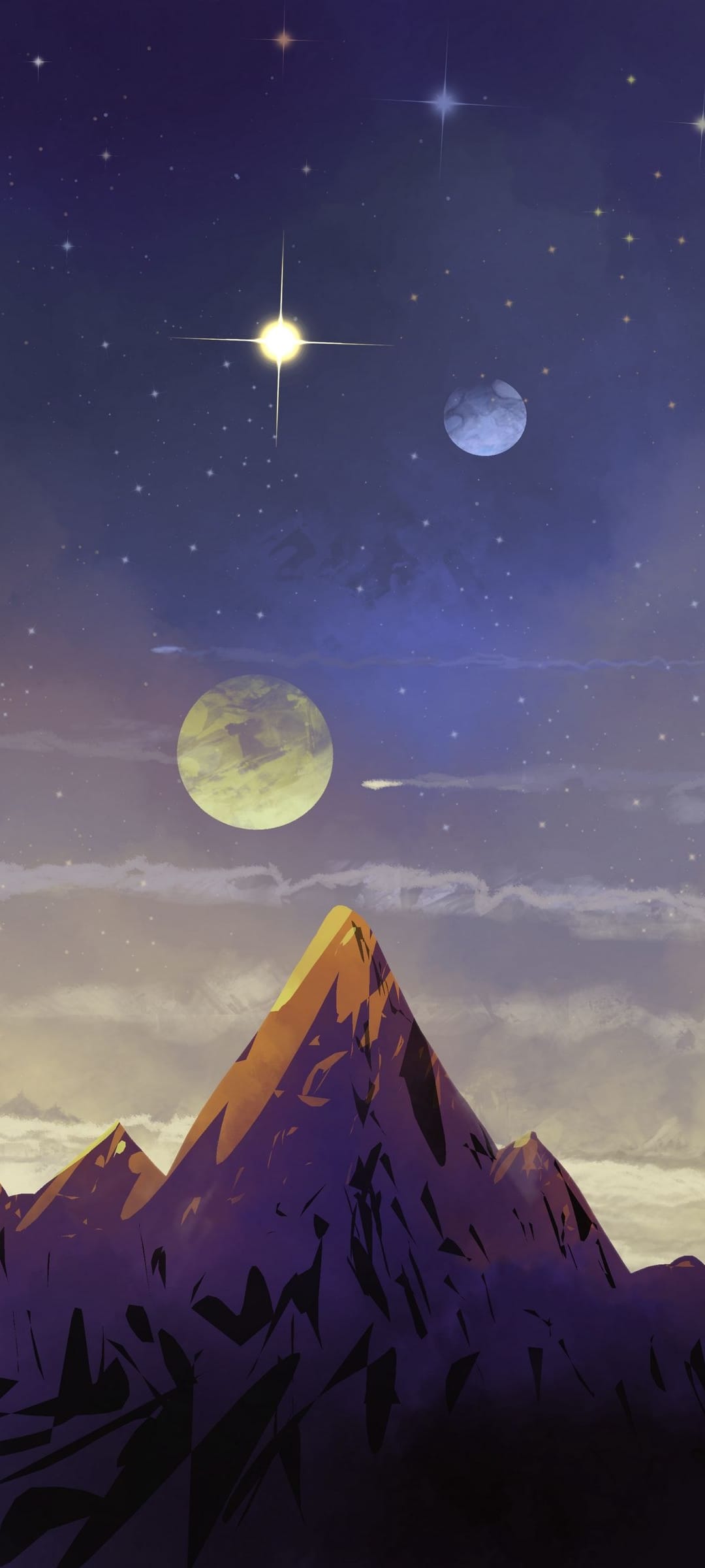 Sharp purple mountains stand beneath a yellow moon and a second Earth-like satellite in a starry alien sky.