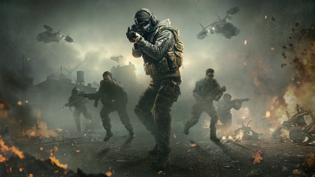Elite soldiers with a skull-masked leader advance through a smoky battlefield with helicopters and fire.