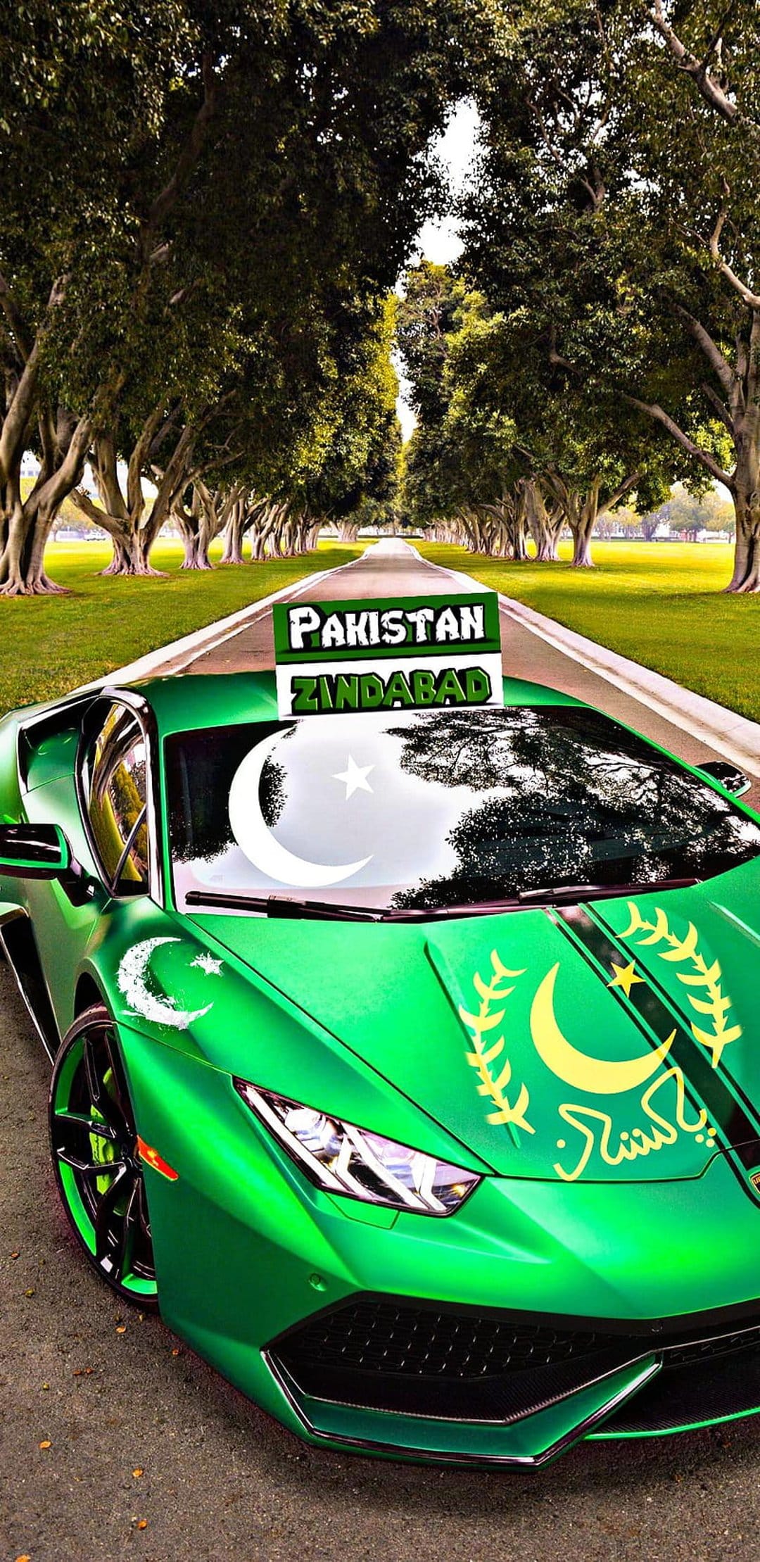 Green Lamborghini with a white crescent and star on its hood parked on a road with trees in the background.