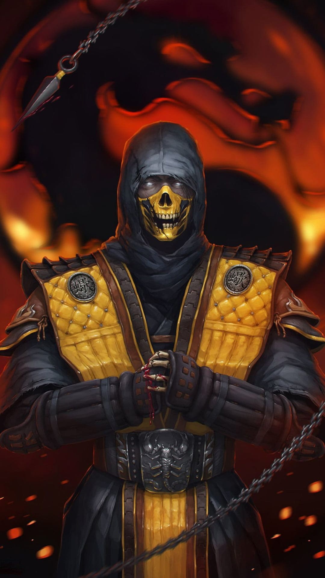 Scorpion wearing a yellow skull mask and ninja armor holds a kunai chain while surrounded by orange hellfire.