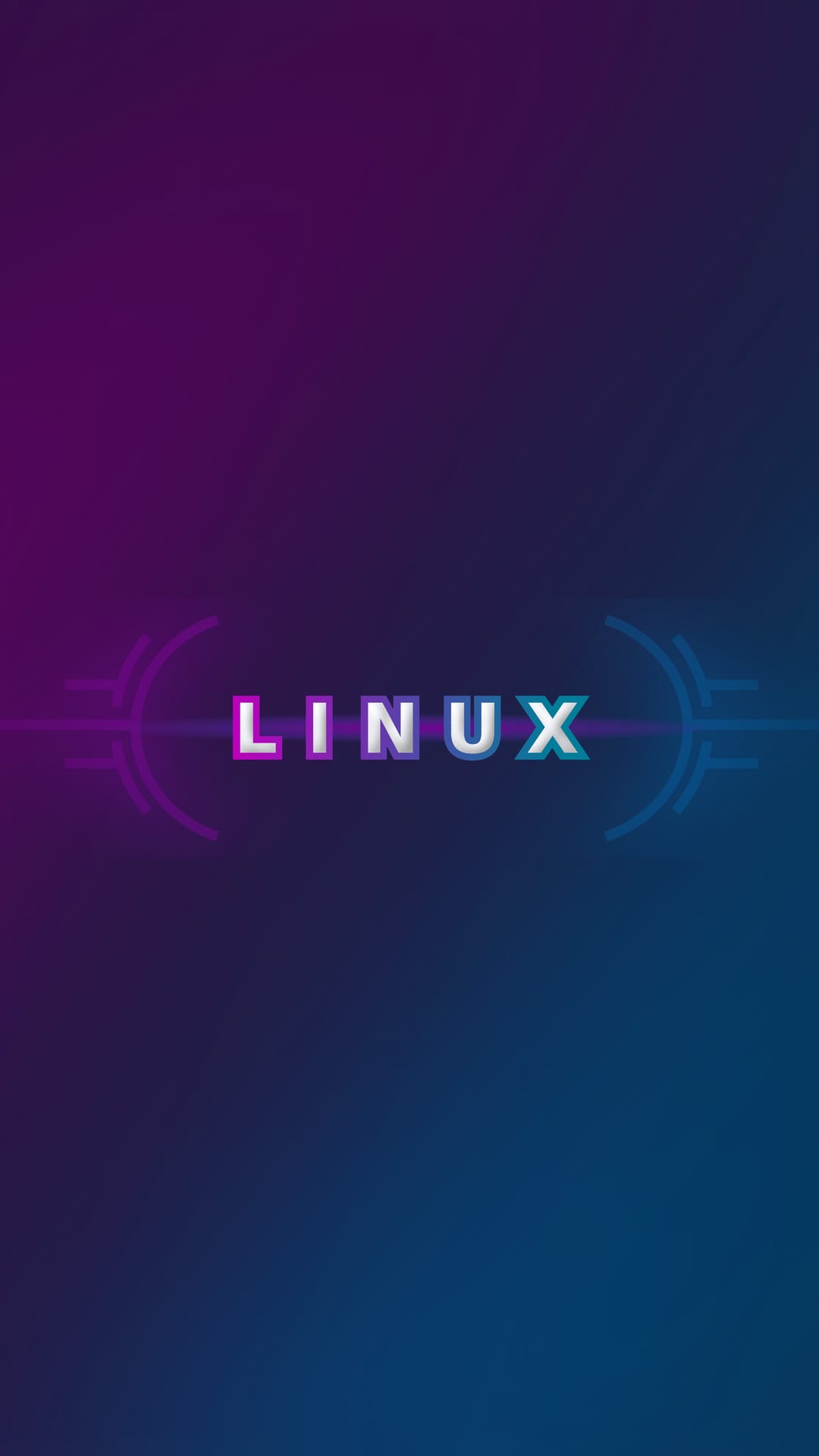 Linux logo glowing in neon purple and blue sits amidst sharp geometric lines on a dark gradient background.
