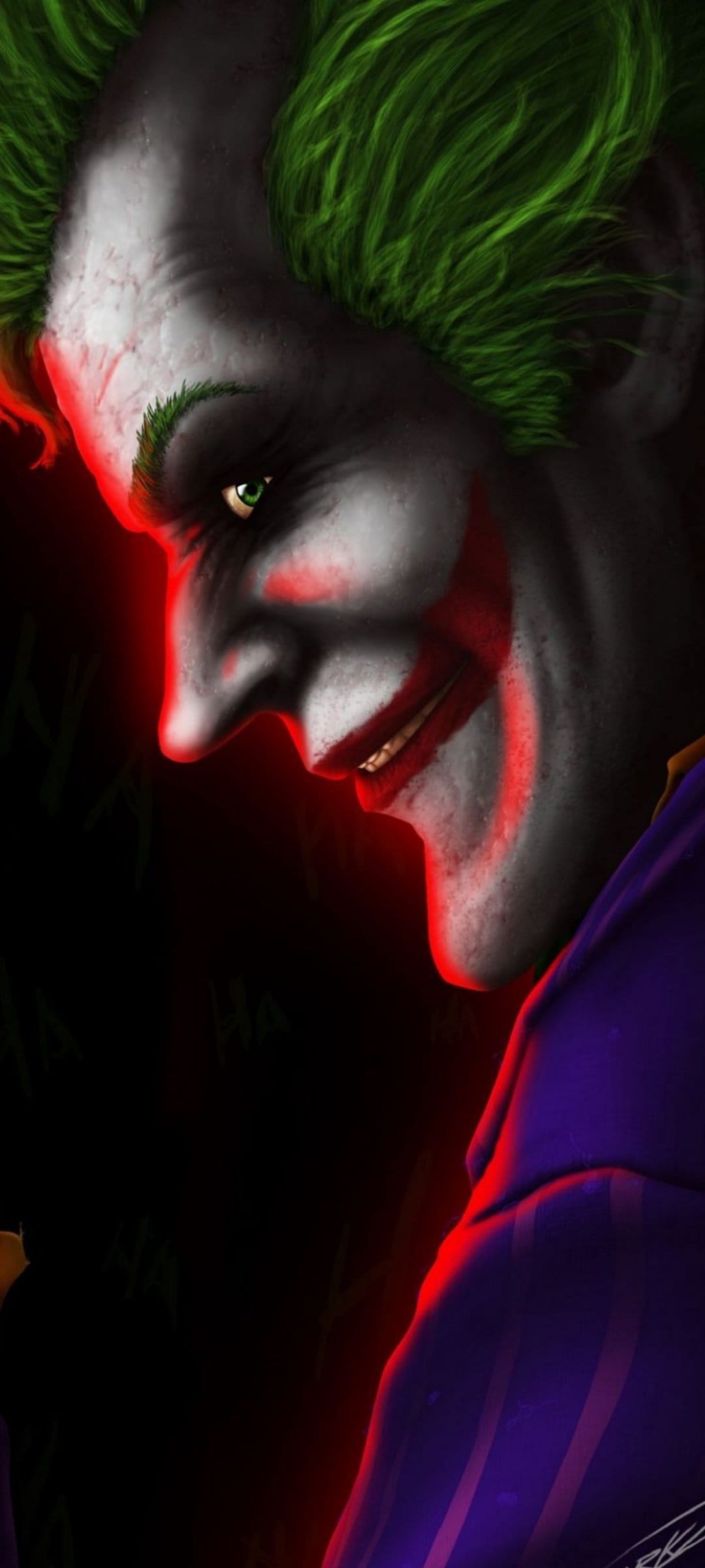 Joker with green hair and a menacing red smile illuminated by dramatic red light against a dark background.