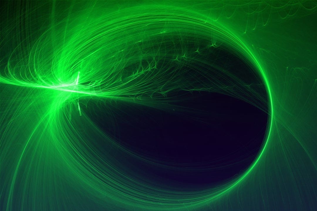 Glowing neon green energy streams twist into a tight spiral vortex against a deep black, minimalist backdrop.