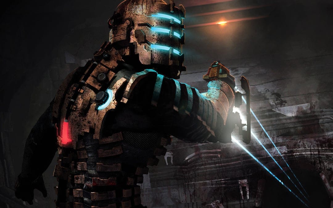 Isaac Clarke in rusted engineering armor aims a triple-beam plasma cutter in a dark industrial corridor.