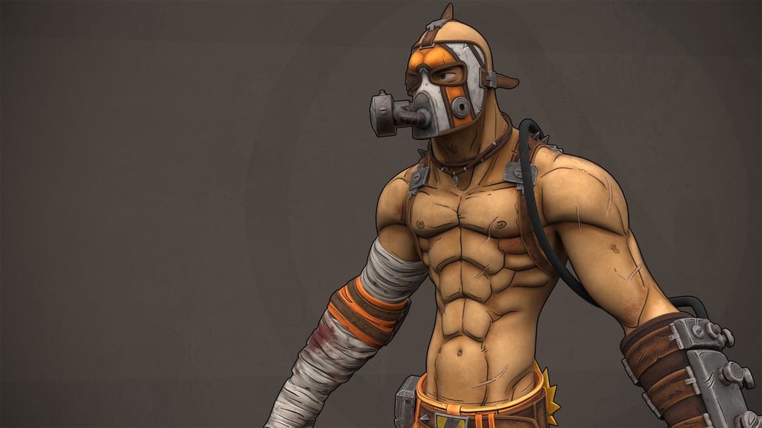 Muscular post-apocalyptic character wearing an orange gas mask and mechanical gauntlet in a cel-shaded art style.