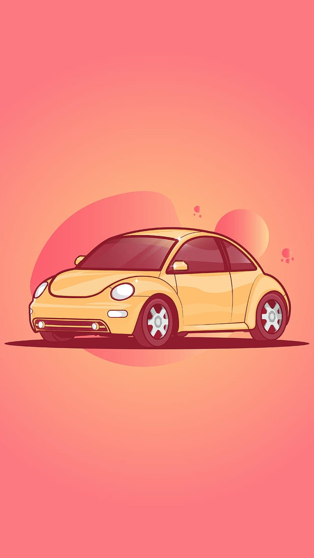 Yellow Volkswagen Beetle with rounded fenders on a gradient pink and orange background with abstract shapes.