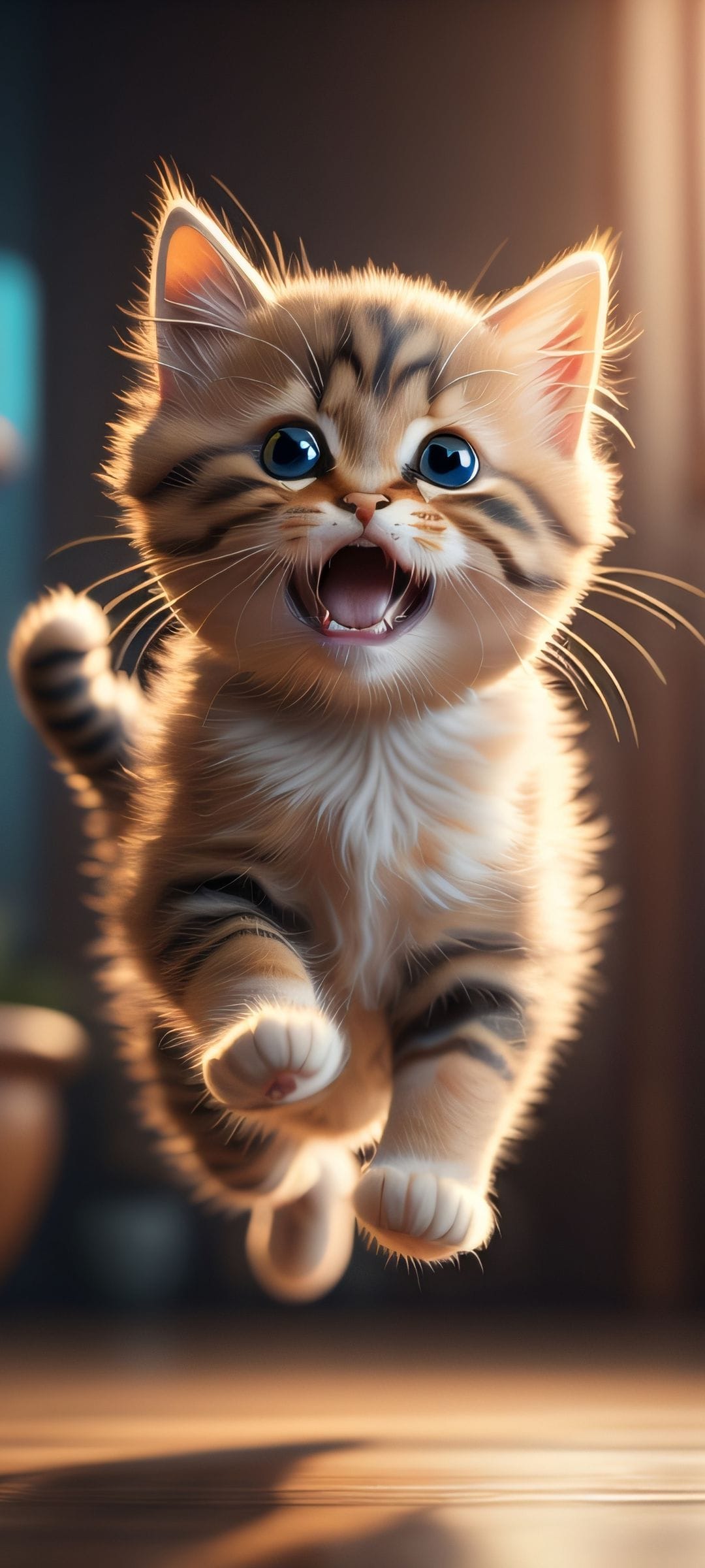 Ginger tabby kitten leaping into the air with an open mouth, wide blue eyes, and sunlit fur details.