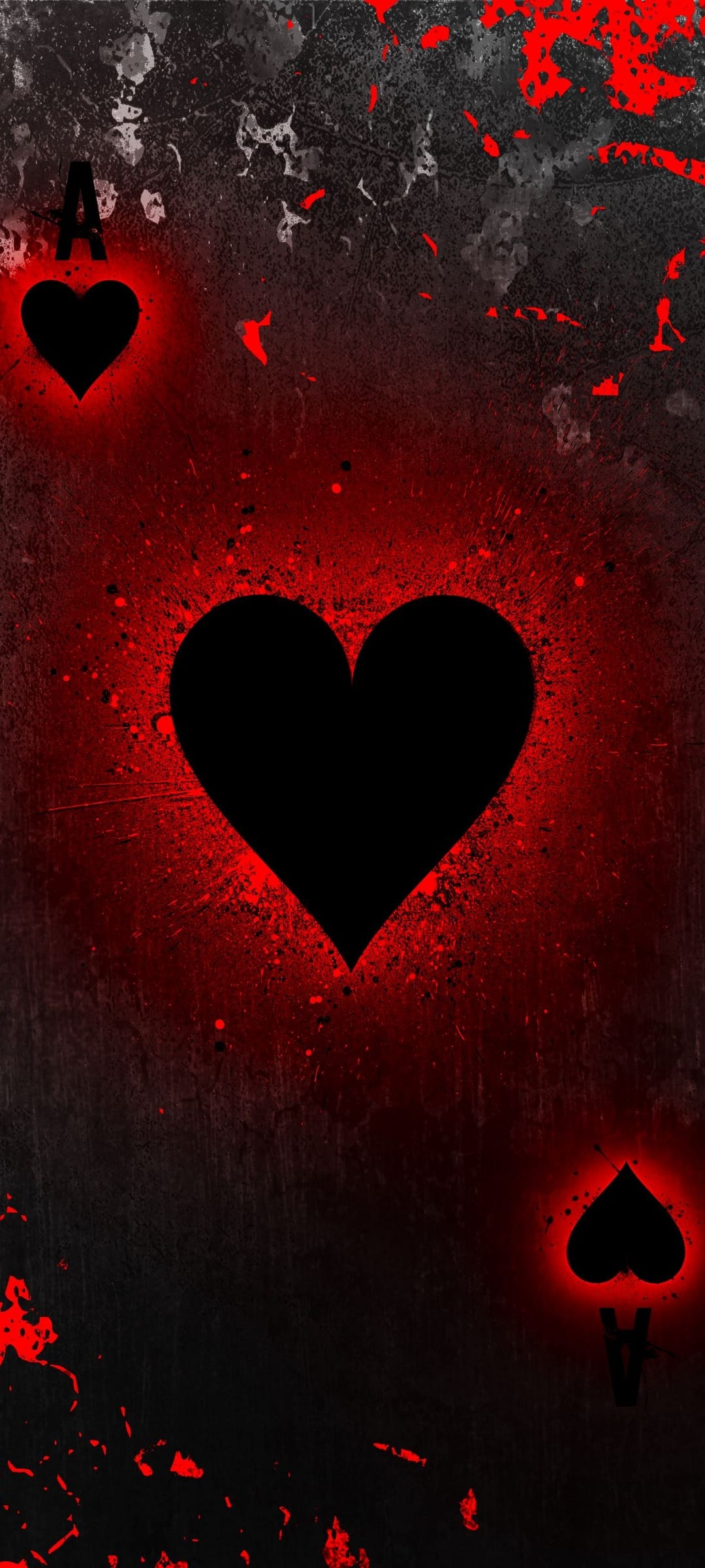 Ace of Spades and Ace of Hearts cards with glowing red edges and paint splatters on a black textured background.
