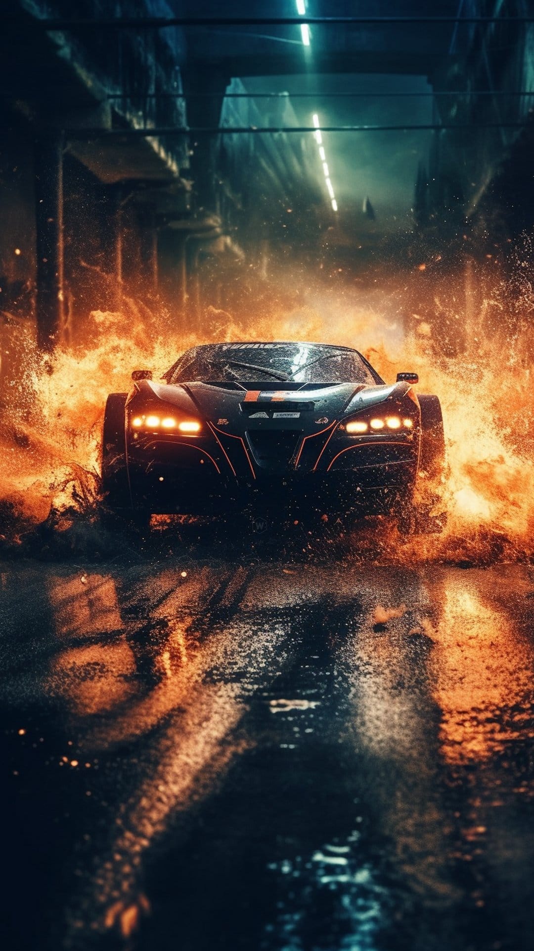 Black supercar drifting through a wet tunnel with bright orange exhaust flames and splashing water droplets.