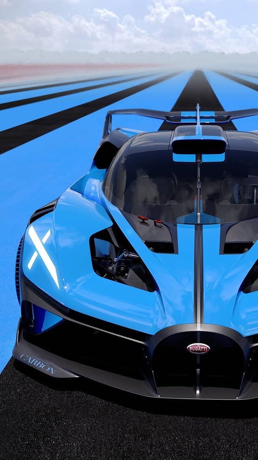 Blue Bugatti Bolide hypercar racing on a blue and black striped track against a backdrop of distant mountains.
