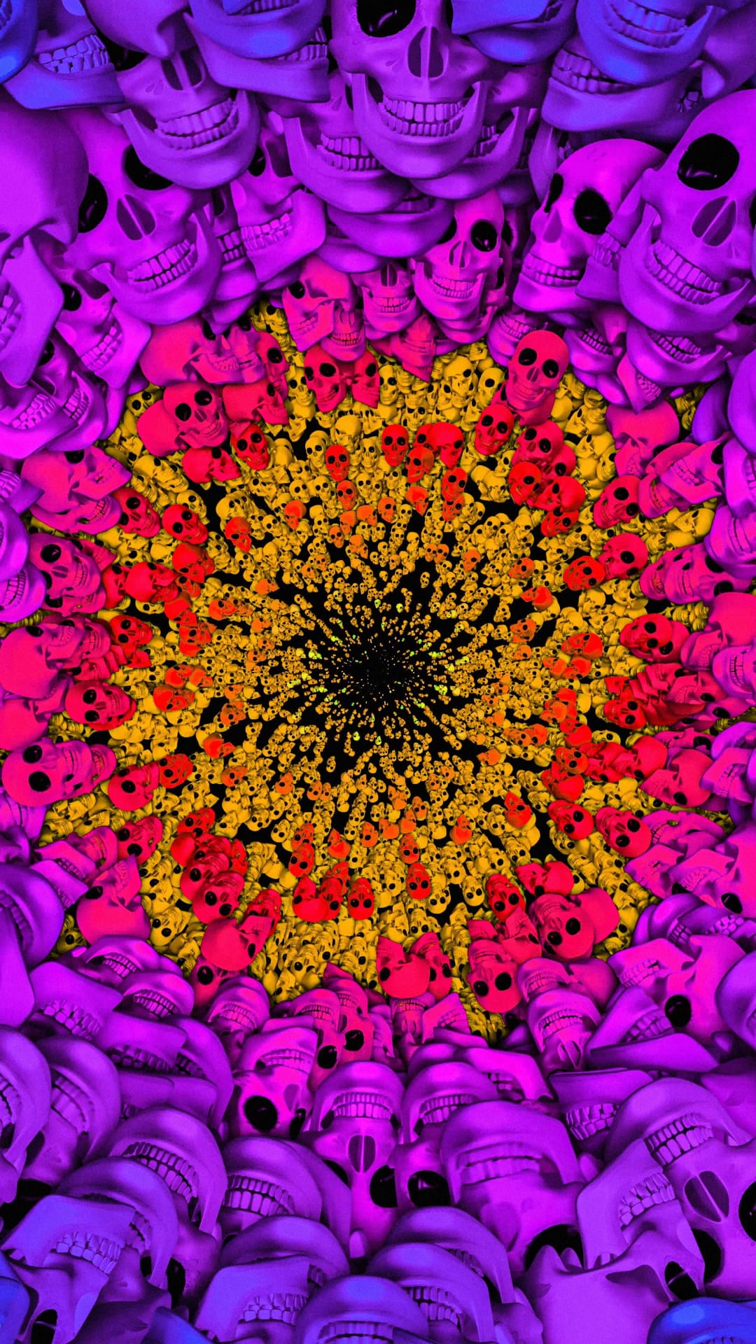 Neon skulls spiraling toward a dark central abyss in a vibrant, kaleidoscopic vortex with purple and red light.