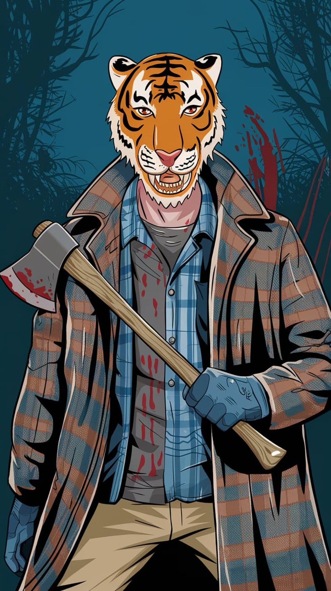 Tiger-headed figure in a plaid coat holds a bloody axe while standing in a dark, misty forest of bare trees.