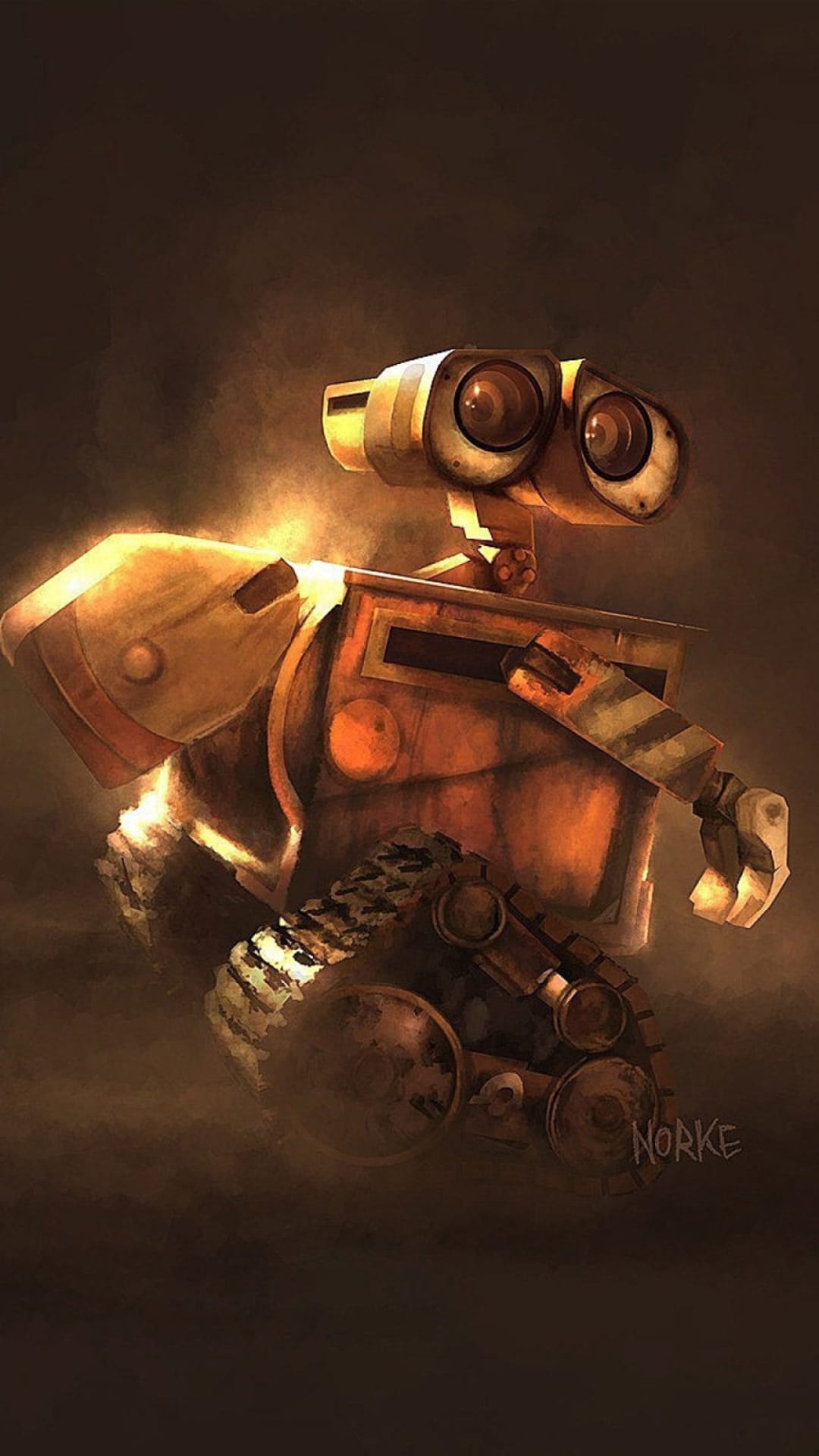 Wall-E the robot sits in a dark, smoky room with glowing orange highlights on his rusted metallic body and lenses.