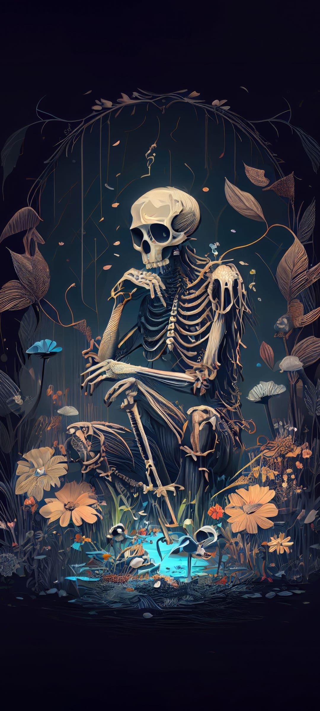 Skeleton sitting among vibrant flowers and glowing blue water reflects on existence in a dark, moody landscape.