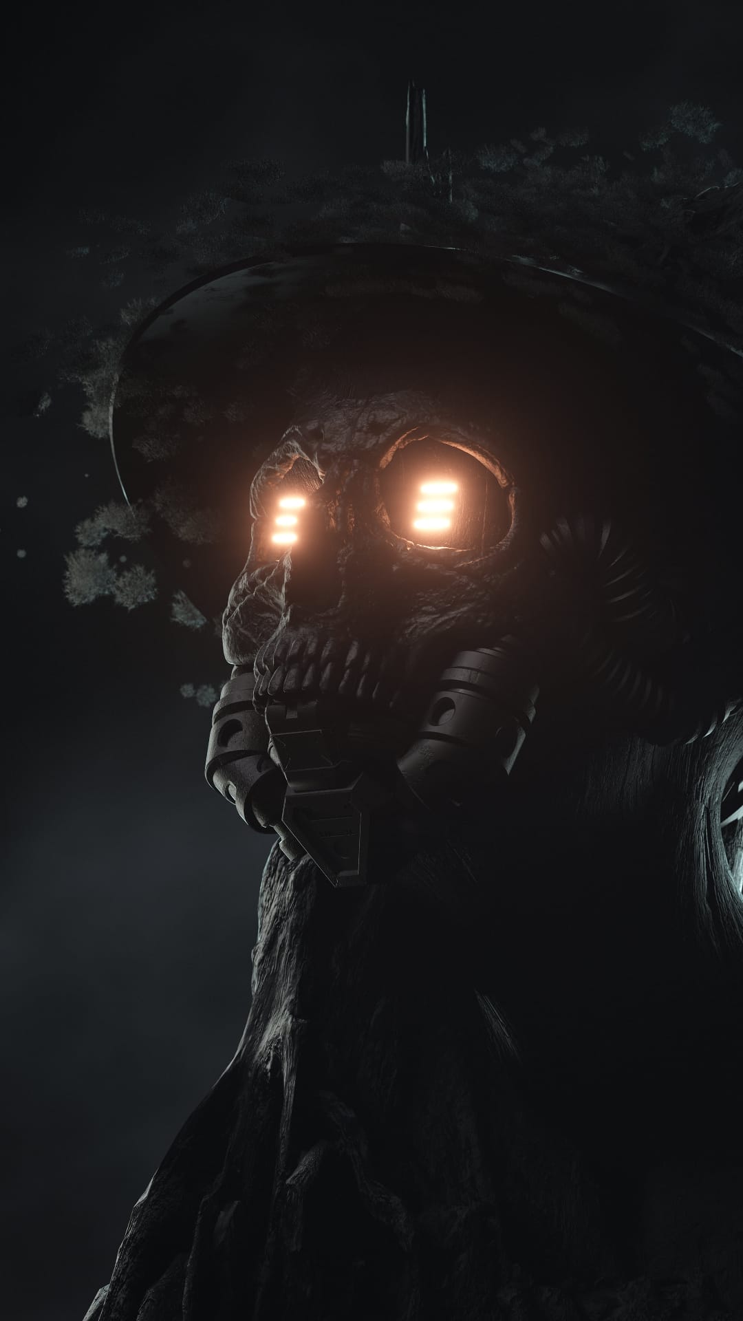Mechanical android with three-panel glowing orange eyes wears a dark respirator mask in a foggy environment.