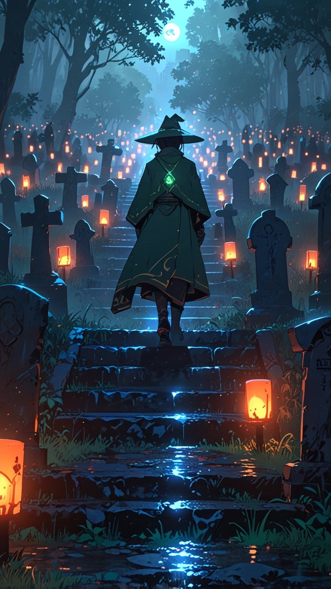 Witch in a green cloak walks up stone stairs in a cemetery lit by many glowing lanterns under a full moon.