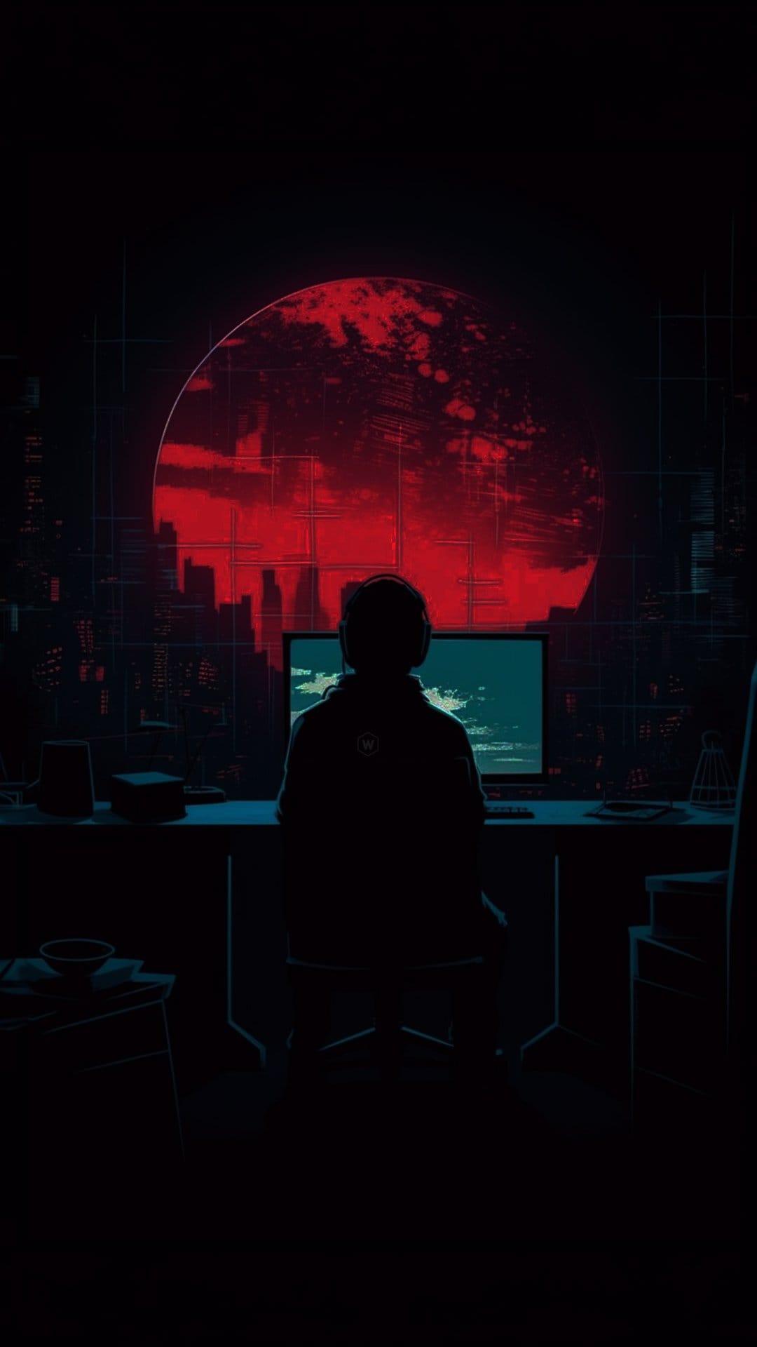 Solitary person sits at a desk overlooking a giant red moon and a neon-lit futuristic metropolis at night.