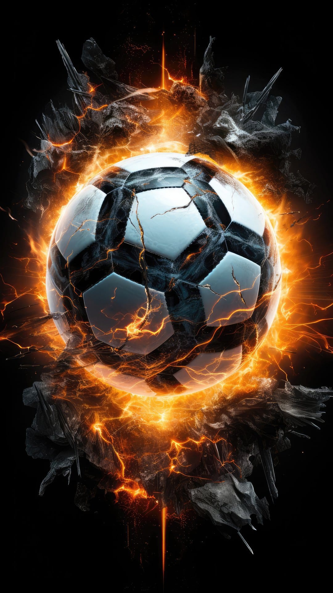 Soccer ball cracking open with vibrant orange fire and blue lightning sparks against a dark background.
