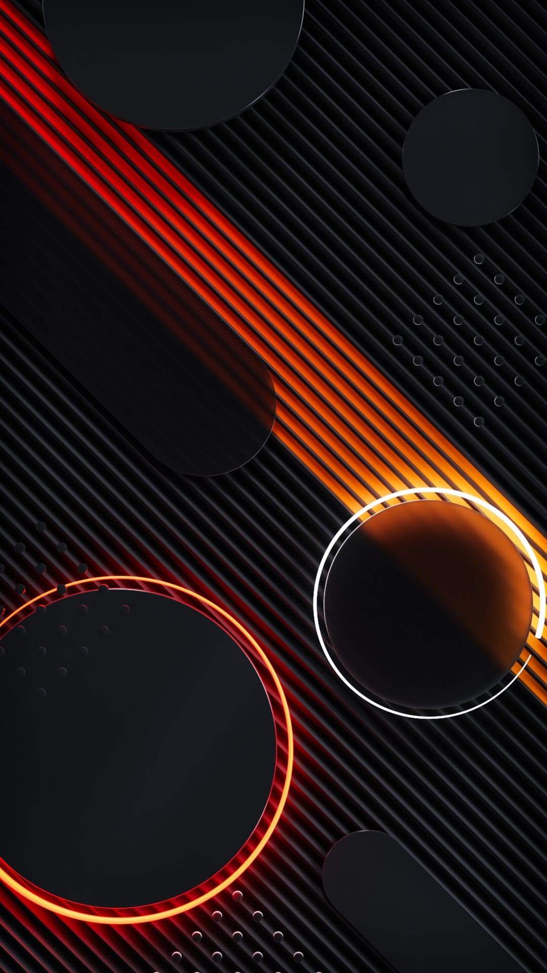 Black geometric circles and ovals are illuminated by sharp diagonal orange light rays and a glowing red neon ring.