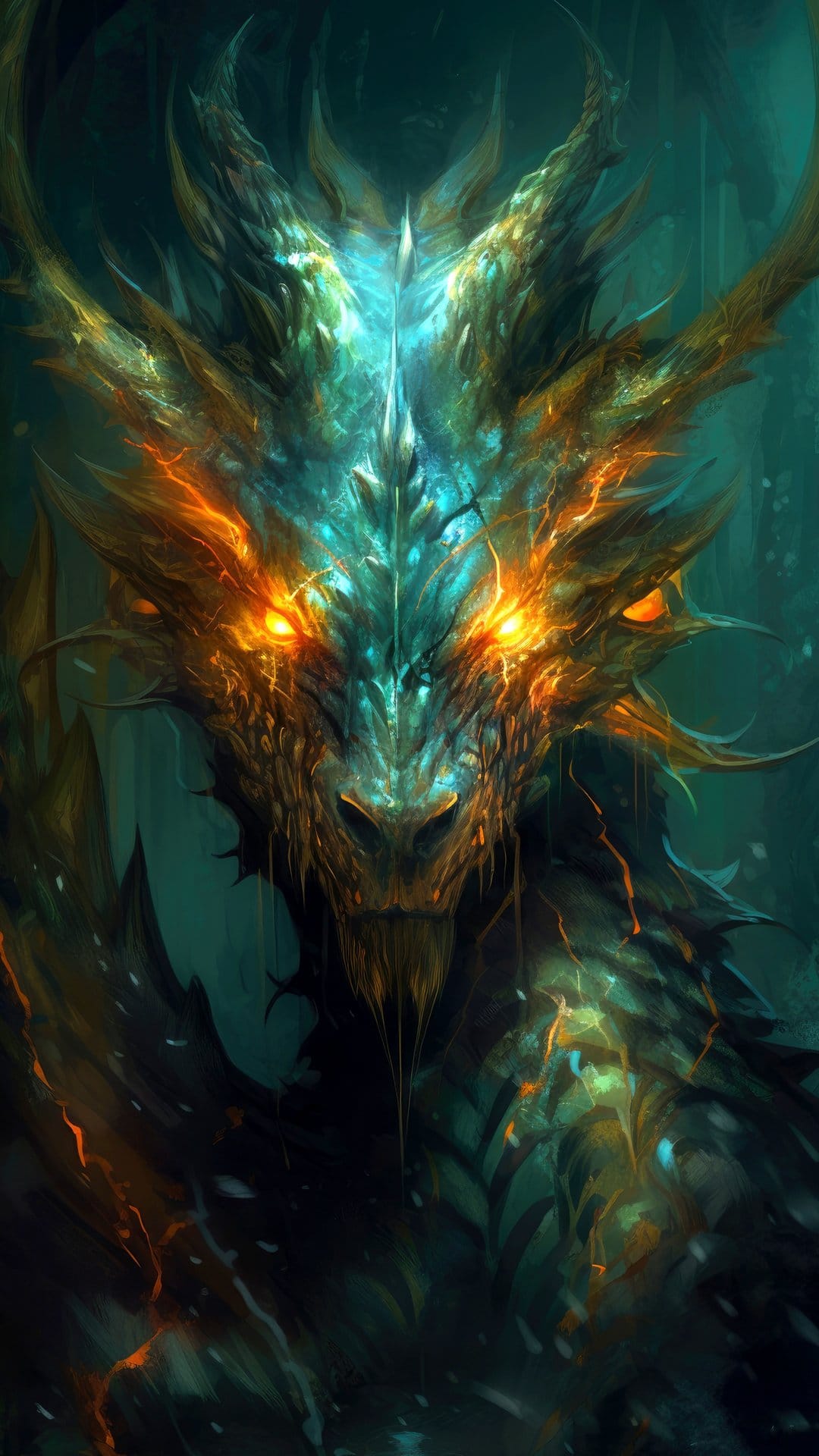 Dragon face with glowing orange eyes, teal scales, and curved horns against a dark atmospheric background.