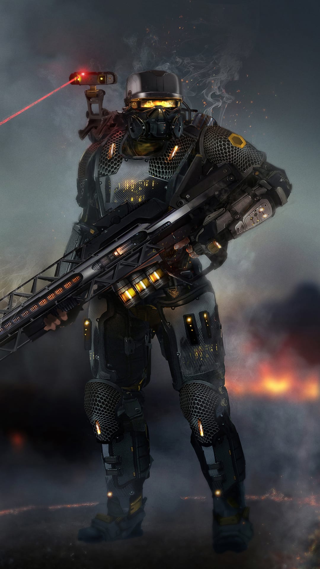 Armored soldier in black tactical gear holding a glowing laser rifle against a backdrop of smoke and distant fire.