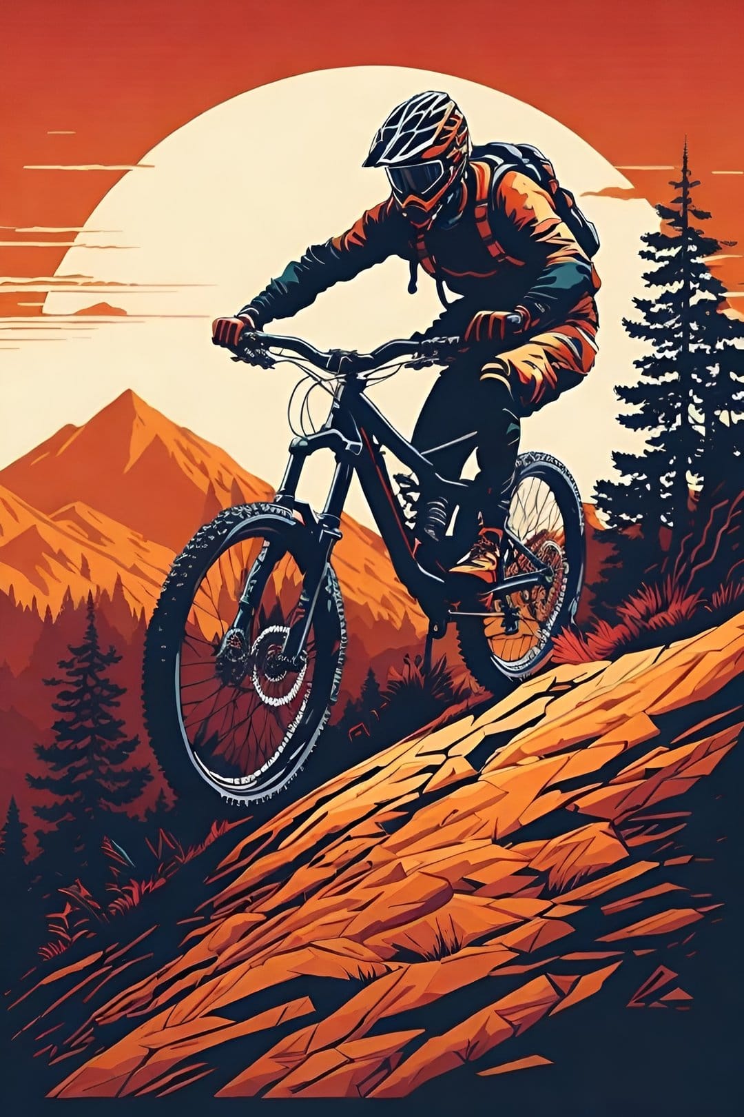 Mountain biker riding down a rocky slope against a giant setting sun and silhouetted pine trees on high peaks.