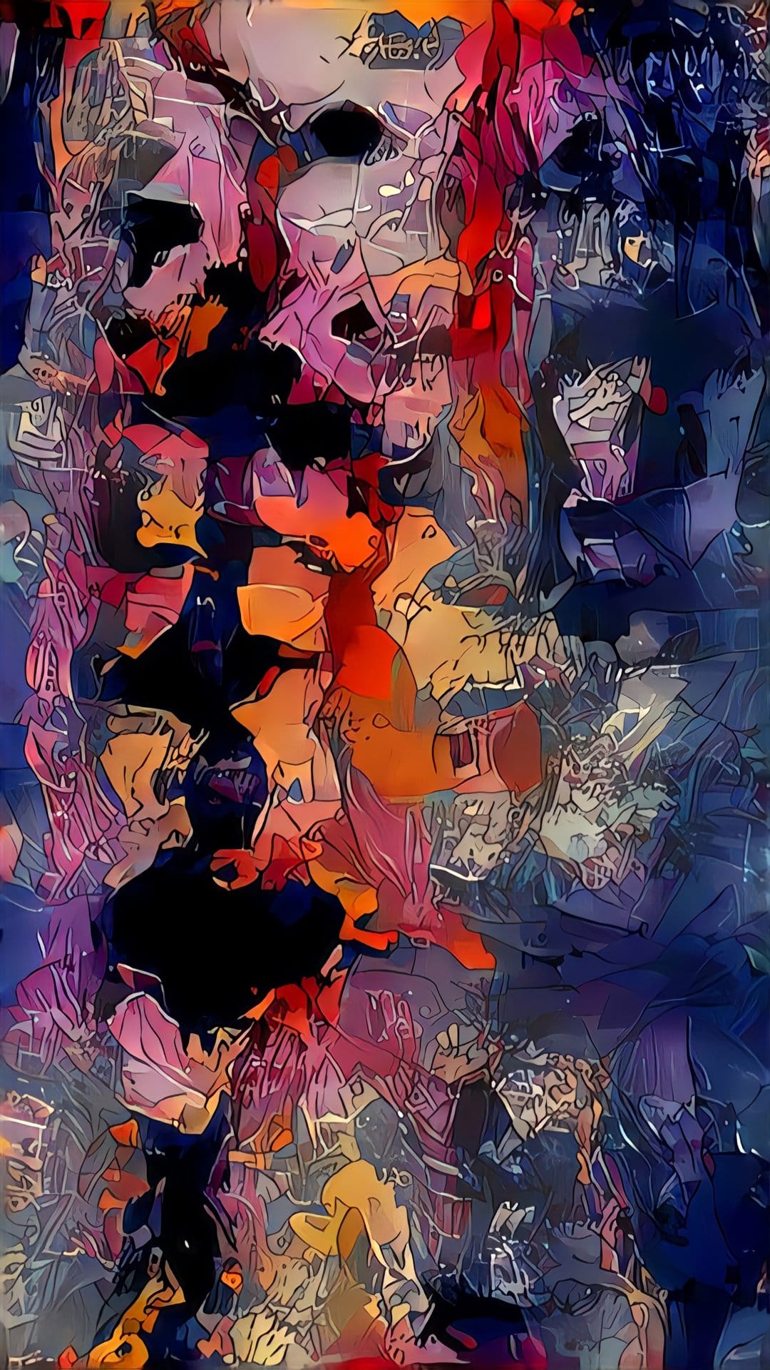 Abstract silhouettes in shades of orange and purple dance amidst bold black outlines and swirling blue energy.