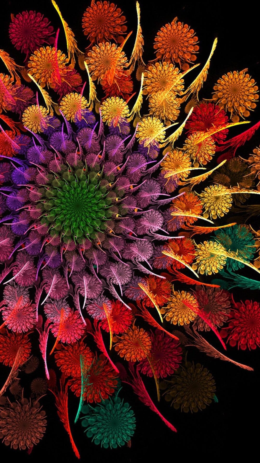Symmetrical fractal flower with glowing green and purple petals spiraling outward against a dark background.