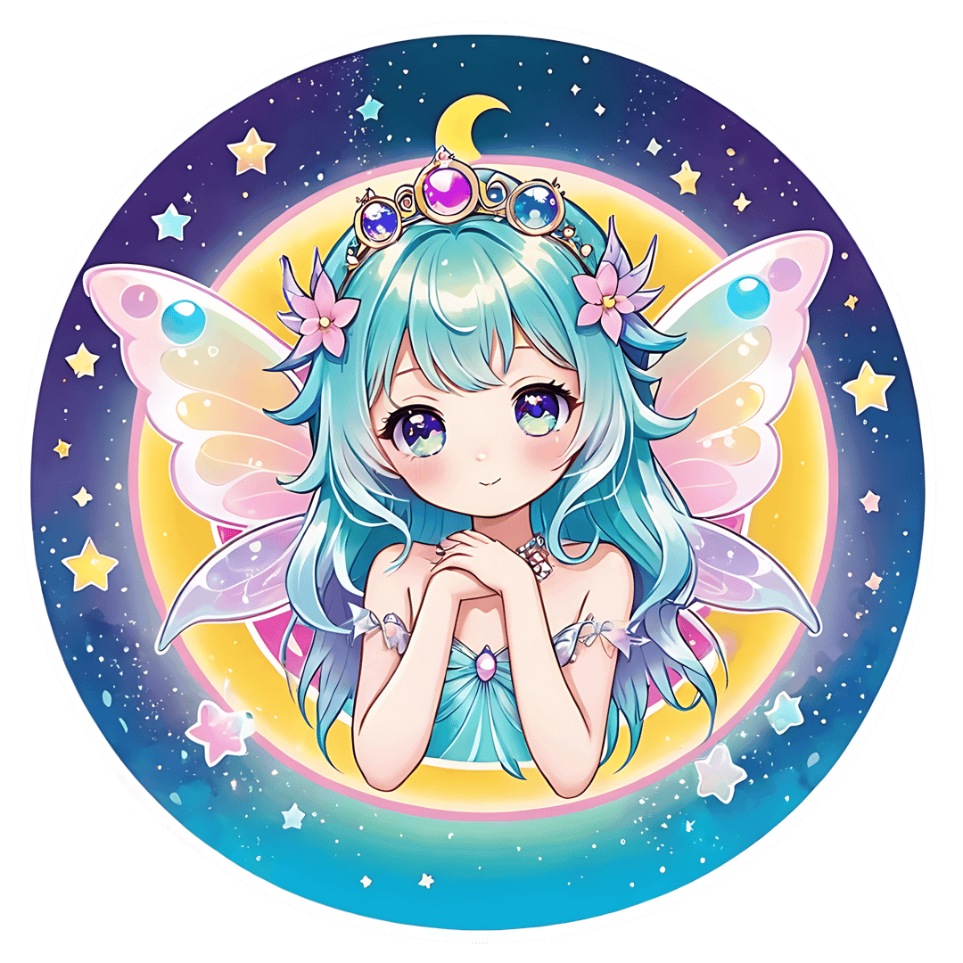 Chibi fairy sticker with long aqua hair, butterfly wings, and jeweled crown against a starry night sky moon.