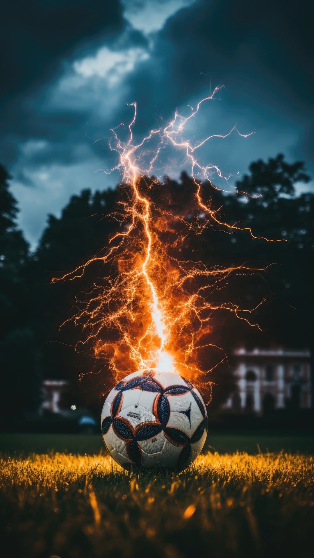 Soccer ball being struck by vibrant orange lightning on a dark grassy field during a night thunderstorm.