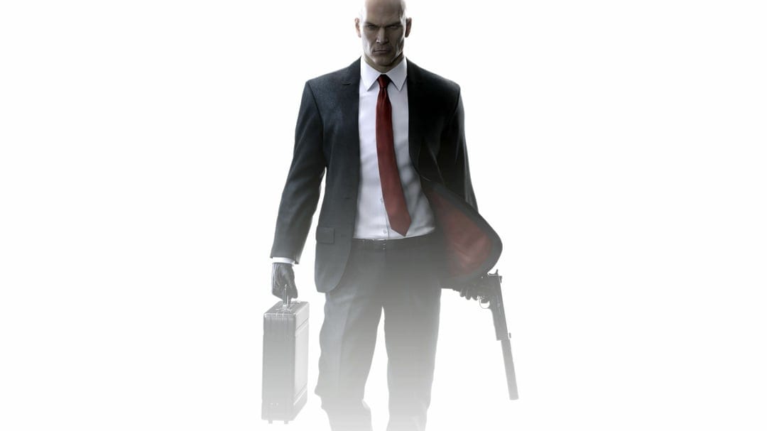 Agent 47 in a black suit holding a briefcase and silenced pistol against a bright minimalist white backdrop.