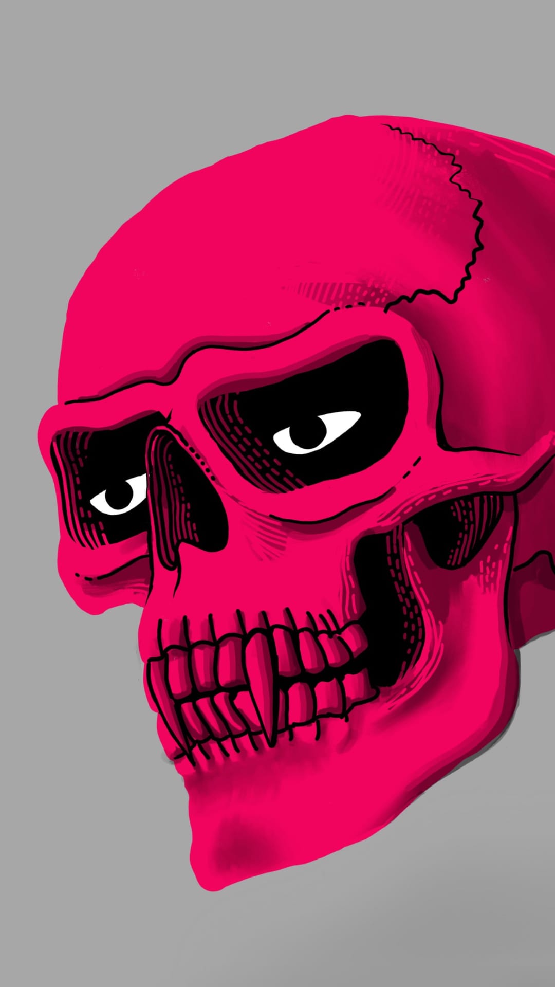 Pink skull with sharp fangs and glowing white eyes viewed from the side against a dark gray background.
