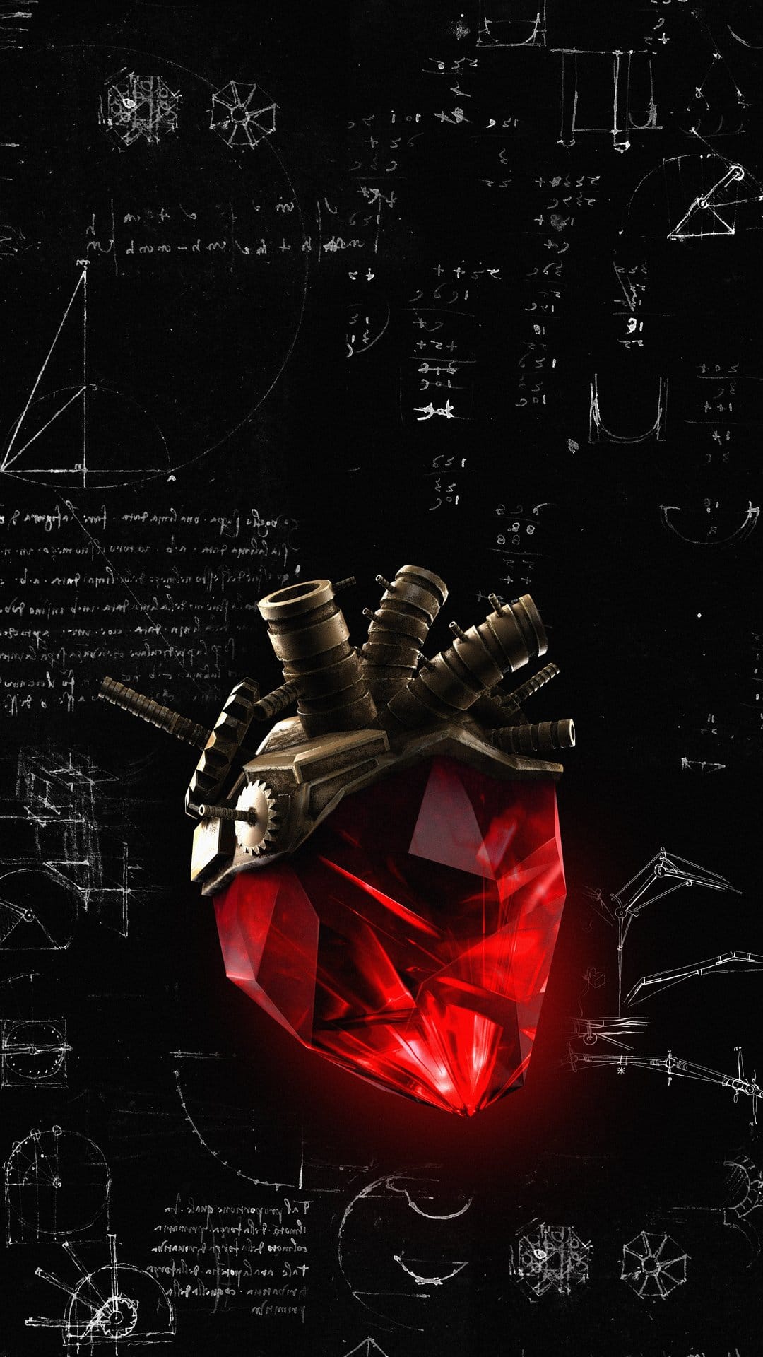 Red faceted gemstone heart integrated with metallic gears against a background of hand-drawn scientific sketches.