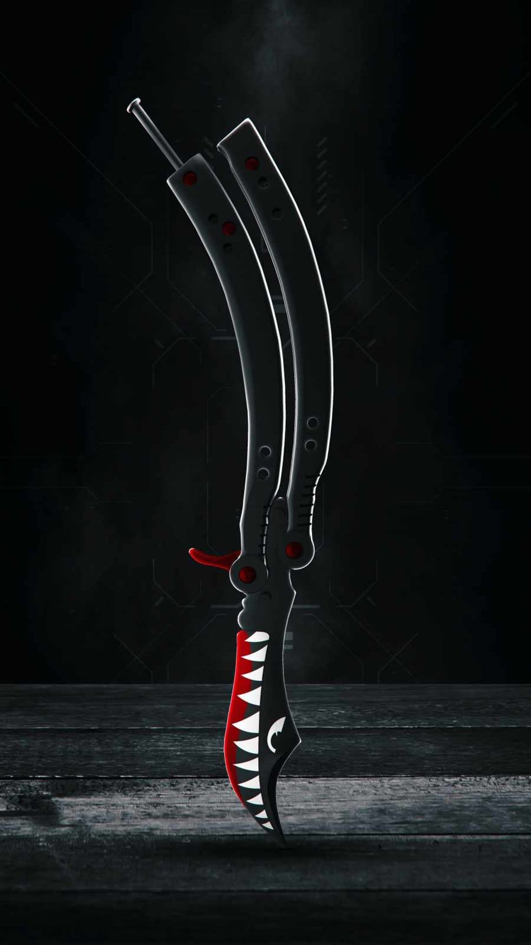 Black butterfly knife with shark tooth blade serrations and red accents against a dark textured background.