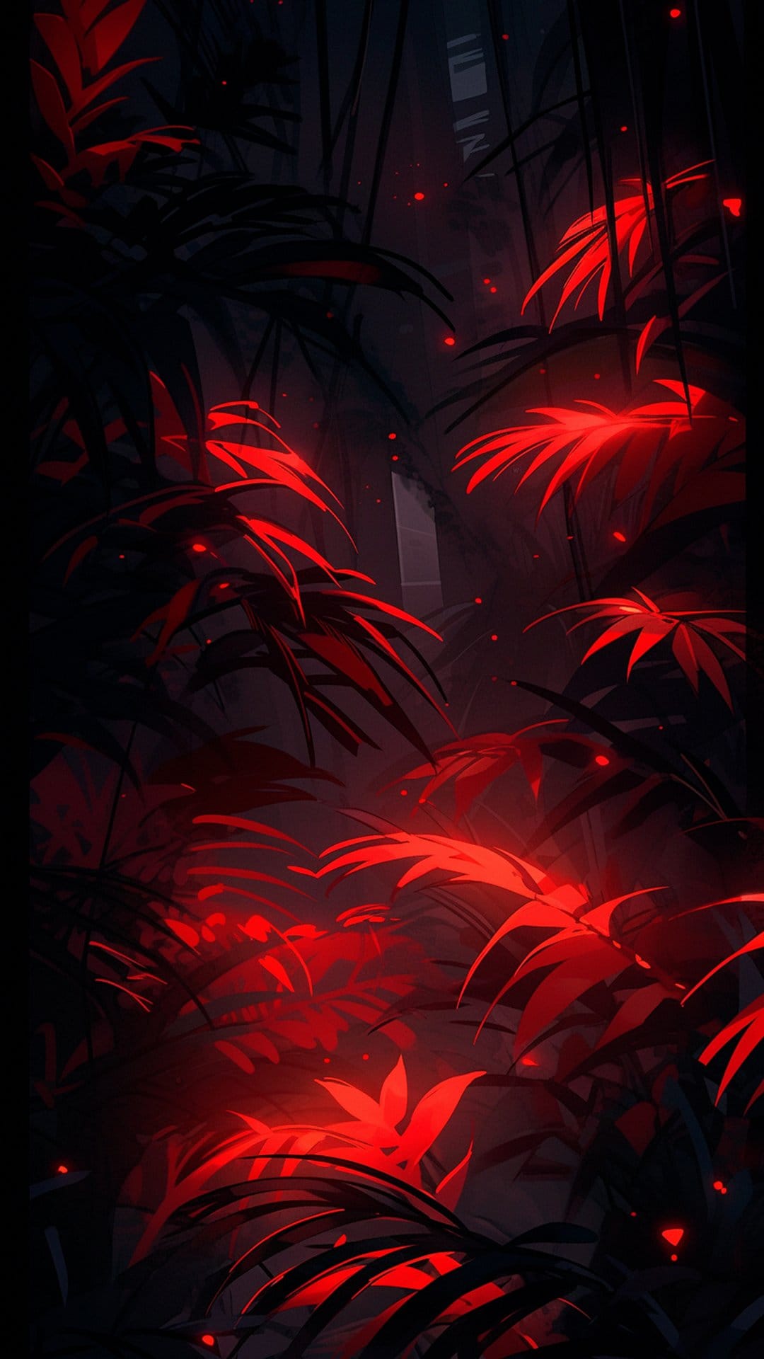 Red tropical leaves glow in a dark jungle surrounded by floating fiery embers and deep midnight shadows.