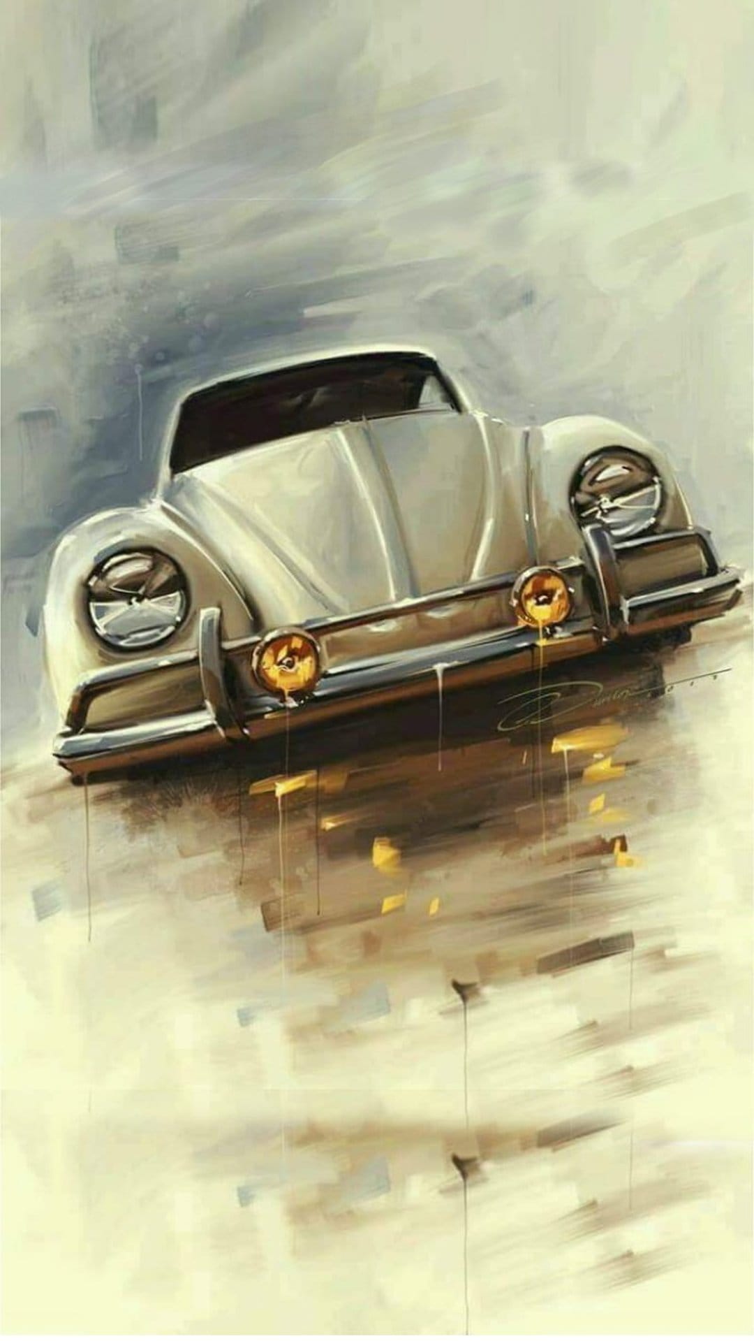 White Volkswagen Beetle with gold headlights painted in thick brushstrokes against a gray and yellow background.