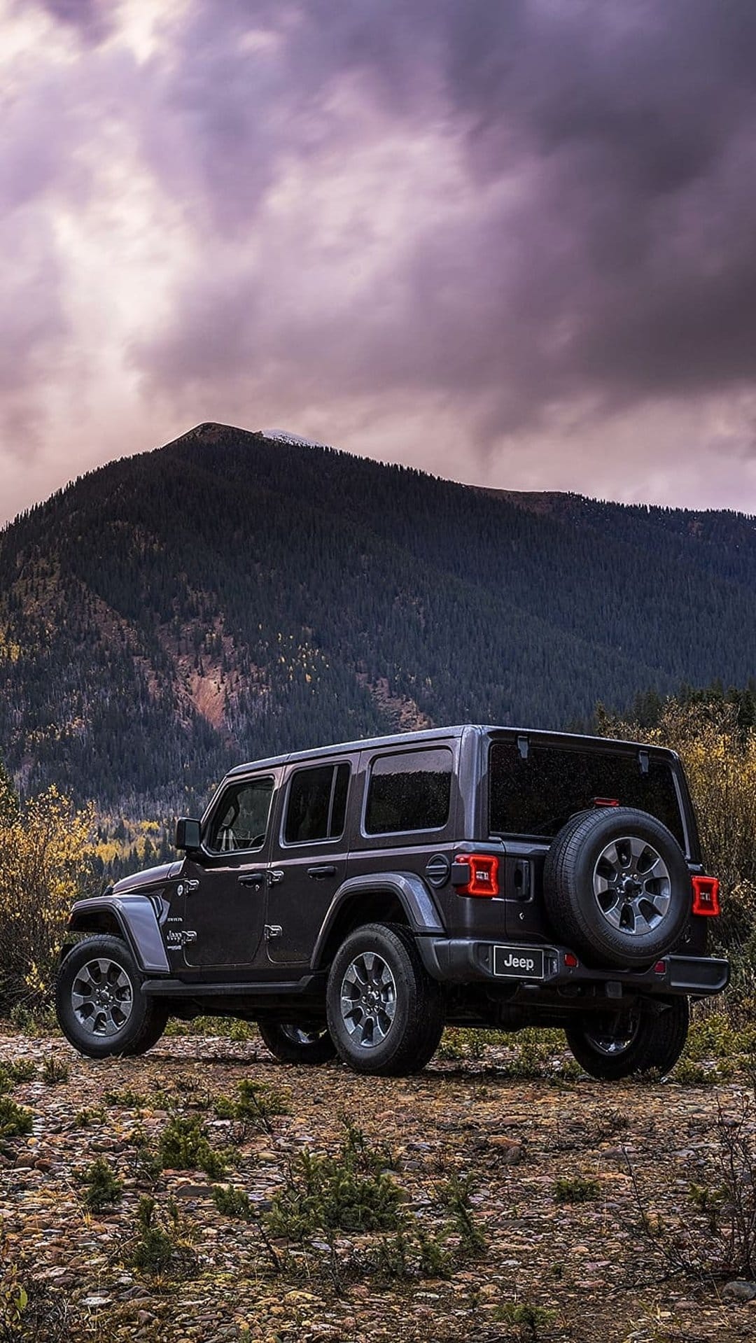 Dark grey Jeep Wrangler parked on a rocky mountain trail with pine trees and cloudy peaks in the background.