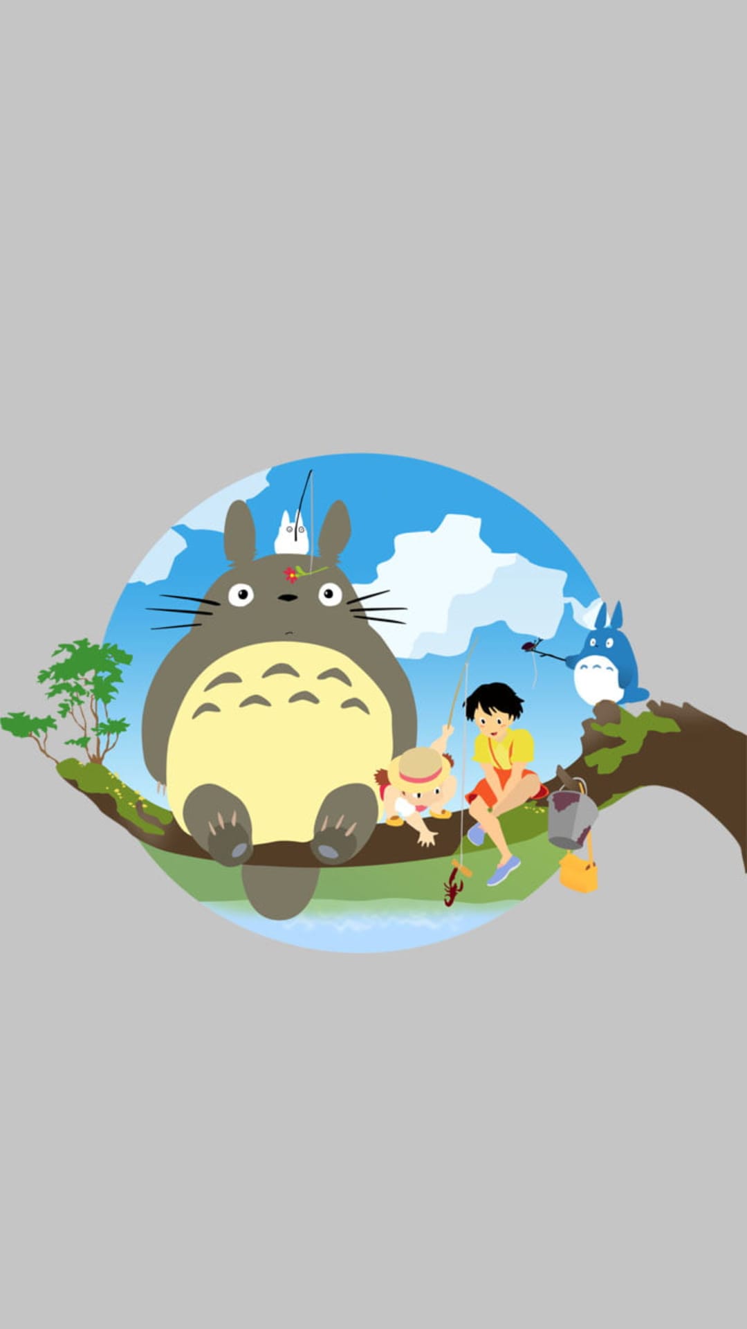 Totoro, Mei, and Satsuki sit on a thick branch fishing against a bright blue sky with large white clouds.