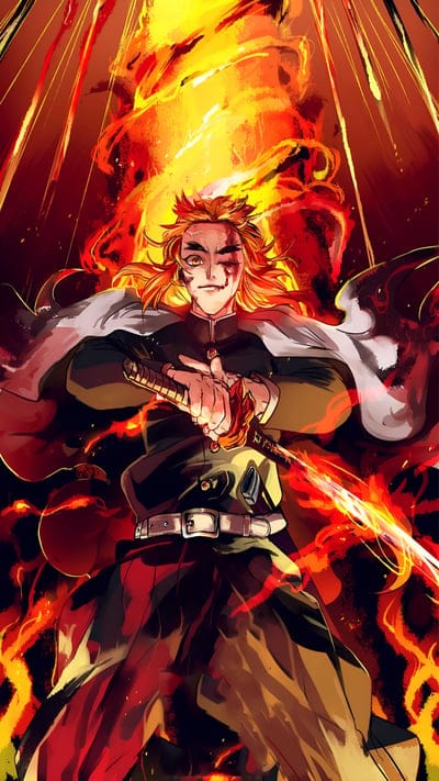 rangoku kejuro,blade cleaving demons,demon slayer,anime,warrior,sword,fire,art