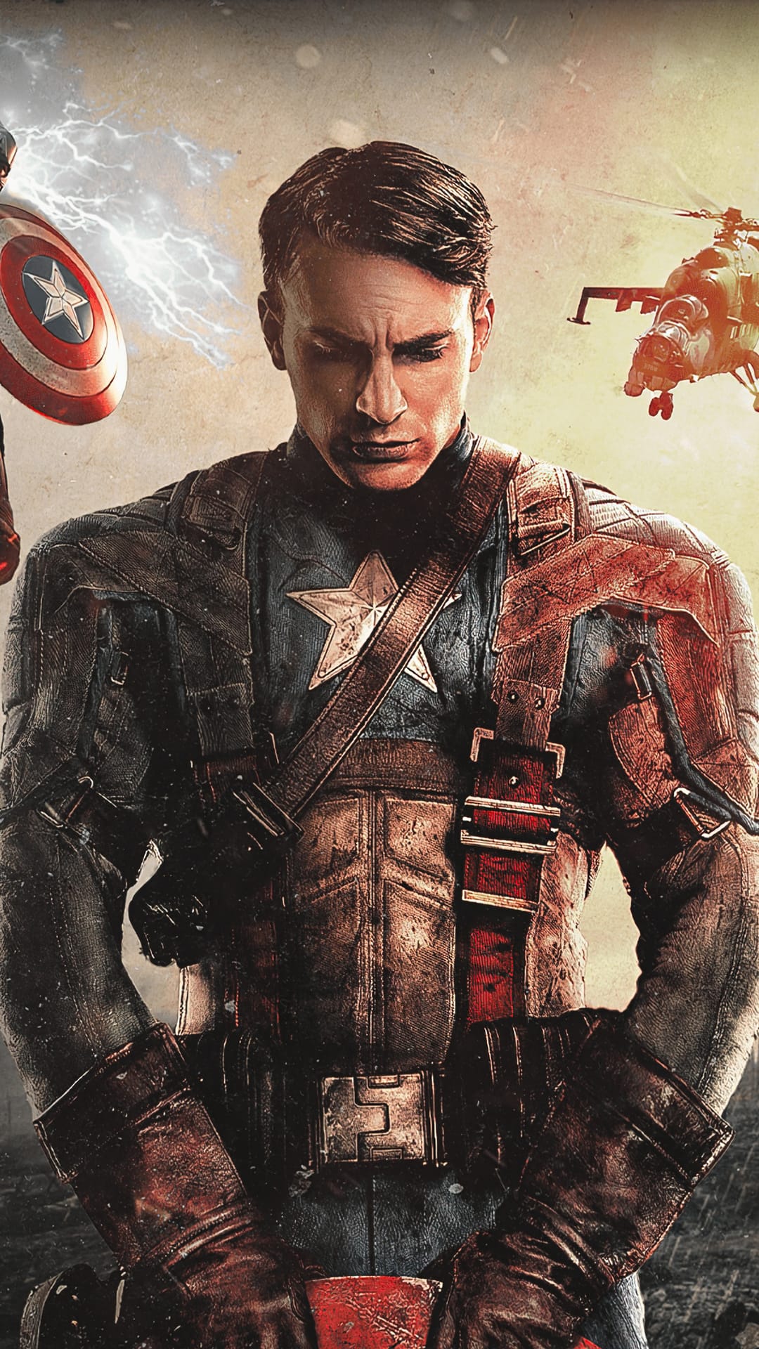 Captain America in a weathered uniform stands before a lightning storm and a distant military helicopter.